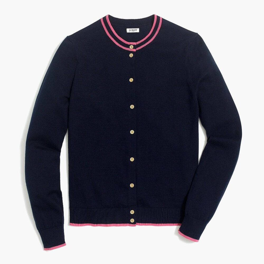 J. Crew Tipped Caryn Cardigan 100% Cotton in Navy/Hot Pink, Small